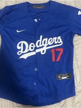 Nike Dodgers Royal Blue Button Front Jersey with White Script & Red 17